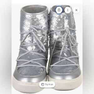 Moon Boot Pulse Short Platform Boot Disco Bling Silver Sequins Lace Up size 6